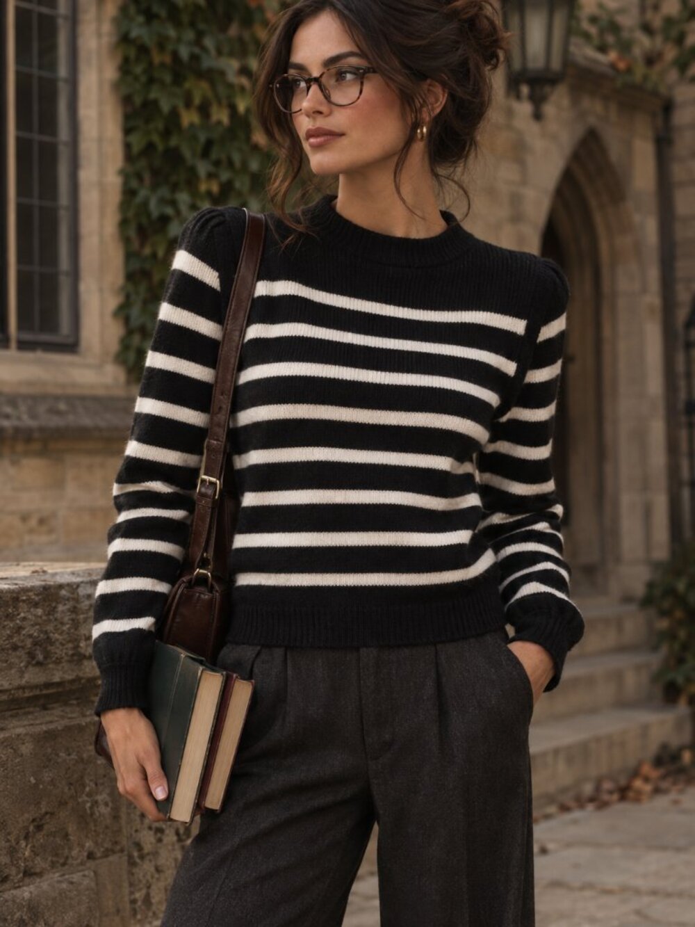 PrettyGarden Black White Striped Ribbed Sweater Size S Y2K Preppy Classic